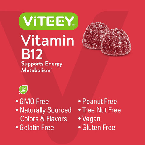 Vitamin B12 Gummies for Adults & Teens, 1000mcg, Vegan, Gelatin Free, Gluten Free, Tasty Chewable Raspberry Flavored