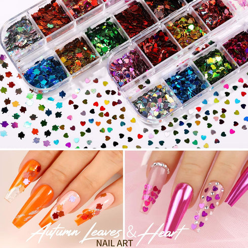 Teenitor 12 Sheets Nail Art Sticker, 3D Self-Adhesive Decoration with 5 Boxes Holographic Glitter Flakes and Nail Art