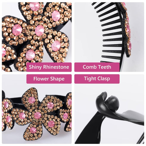 ISKYBOB 2 Pieces Rhinestone Flower Ponytail Holder Twist Bun Shaper Hair Grips Claw, Wine Red + Multicolored