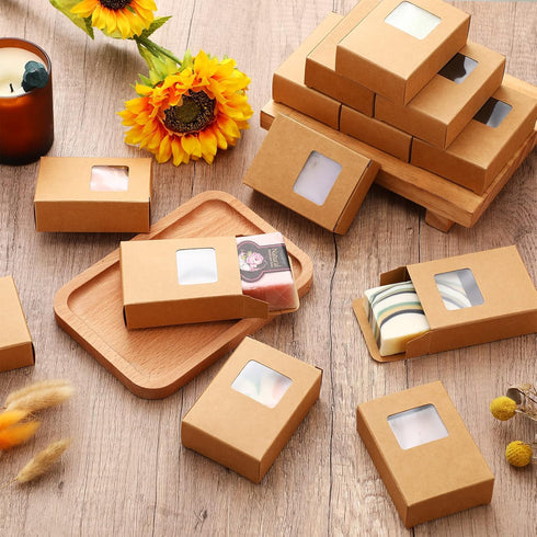 Outus 100 Packaging 3.5 2.6 1.2 Inch Pcs Soap Boxes Bulk Soap Boxes for Homemade with Window Mini Kraft Paper Container