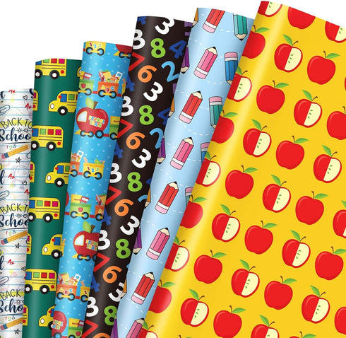 JarThenaAMCS 12 Sheets Back to School Wrapping Paper, Flat Folded Gift Wrap Paper with 6 Designs for Classroom Party