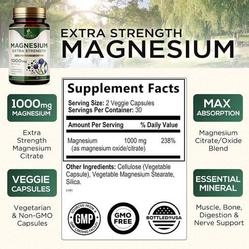 Magnesium Pills Extra Strength 1000mg - Chelated for Ultra Absorption, Magnesium Supplement for Bone, Muscle Health & Heart Support, Nature's Citrate Oxide Magnesio Vitamins, Non-GMO - 60 Capsules