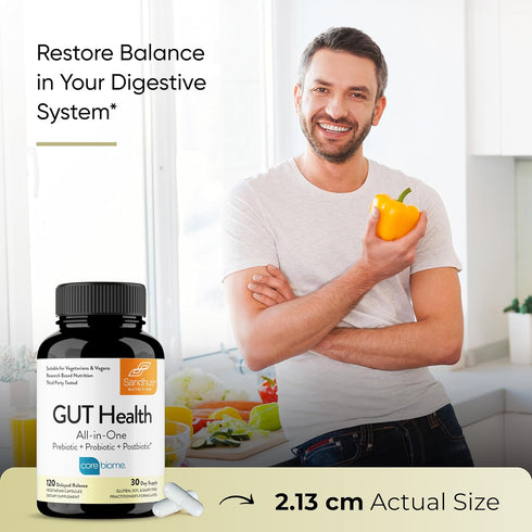 Sandhu's Gut Health - Prebiotic, Probiotic, Postbiotic & L-Glutamine | 120 Delayed Release Capsules for Digestive Health