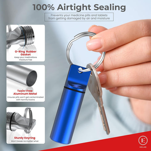 Keychain Pill Holder (5 Pack), Aluminum Waterproof Portable Small Travel Medicine Bottle Case for Purse, Mini Organizer