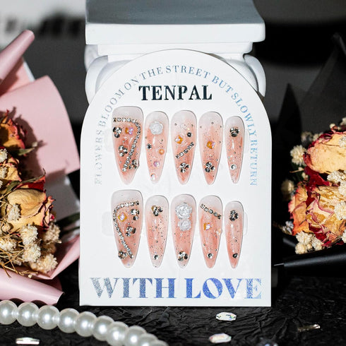 Stiletto Press on Nails Pink Nails Press ons Ballet Almond Nails With Diamond Camellia Designs 10pcs/Box Handmade Acrylic Fake Nails With Glue Reusable Y2k Sweet Cool Artificial Nails Tips(S)