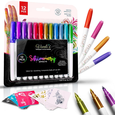 Vanli’s Temporary Tattoo Markers – Body Markers for Adults & Teens, 10 Waterproof Tattoos and 30 Stencil Papers Included