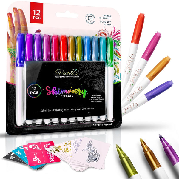 Vanli’s Temporary Tattoo Markers – Body Markers for Adults & Teens, 10 Waterproof Tattoos and 30 Stencil Papers Included