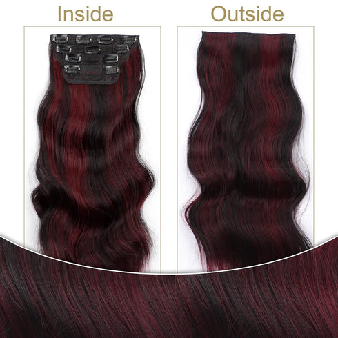 Vigorous Clip in Hair Extensions, 4PCS Black Burgundy Mixed Soft Synthetic Hairpieces, 20 Inches Full Head Extensions
