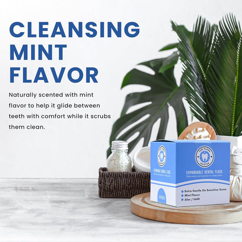 Expandable Dental Floss 3 Pack, Plastic-Free Dispenser with 50 Meter / 164 Feet per Pack, Mint Flavor