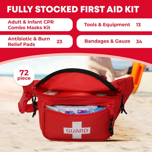 Pack/Hip Pack, (72 Set) Ever Ready First Aid, Fanny Fully Stocked First Aid Kit with Adult & Infant CPR Combo Masks
