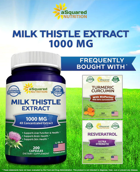 aSquared Nutrition 1000mg Milk Thistle Supplement - 200 Capsules, Max Strength 4X Concentrated Extract