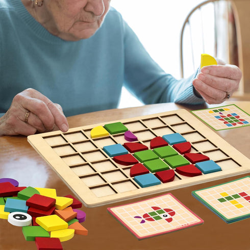 PHIELEY 80 Activities for Dementia Patients, Tiles Wooden Puzzle Games for Seniors, Colorful Shape Pattern Alzheimers
