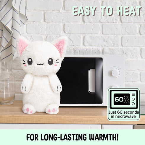 White Cat Microwavable Heating Pad, 1.5 lbs Unscented Plush Pillow for Women & Kids, Cute Hot & Cold Plushie