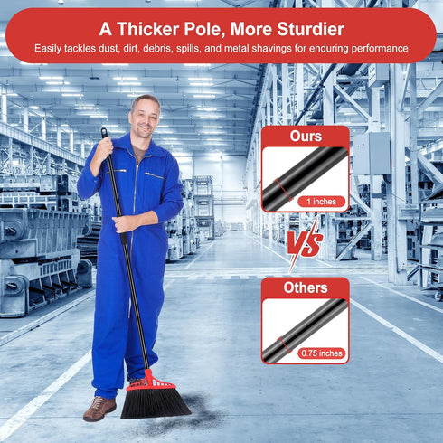 Heavy Duty Broom with 55" Long Handle - Black and Red Angle Broom for Indoor, Outdoor, Kitchen