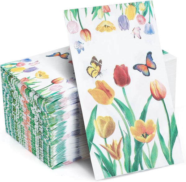 YOCHANDA 100 Pack Tulip Floral Guest Hand Towels Disposable for Bathroom, Floral Paper