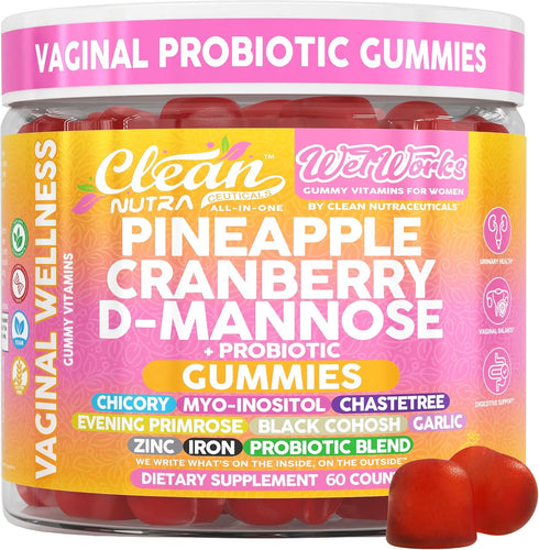 Wet Works Women's Vaginal Probiotic Gummies Pineapple Cranberry Folic Acid D-Mannose Vitamin