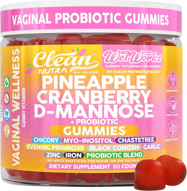 Wet Works Women's Vaginal Probiotic Gummies Pineapple Cranberry Folic Acid D-Mannose Vitamin