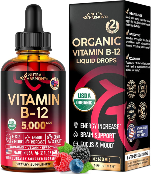 USDA Organic Vitamin B12 Sublingual Drops - 5000 mcg Liquid Vegan Methylcobalamin for Energy Boost, Focus & Mood