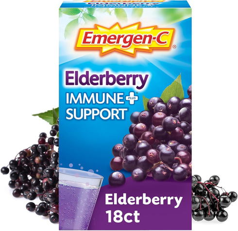Emergen-C Immune+ Vitamin C 1000mg, 18 Count, Elderberry Dietary Supplement Fizzy Drink Mix Powder Packets