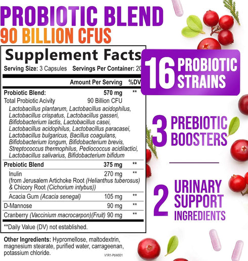 Probiotics for Women with Prebiotics - Women's Probiotic Blend Formulated for Digestive, Vaginal PH, Urinary & Immune Health Support, 90 Billion CFU, 16 Strains, Cranberry & D-Mannose - 60 Capsules