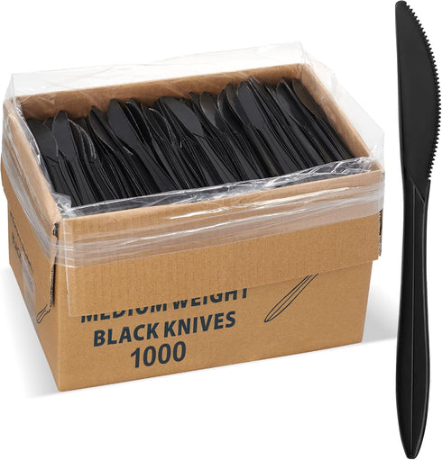 1,000 Plastic Disposable Knives Bulk Black Medium Weight Disposable Plastic Cutlery Knife