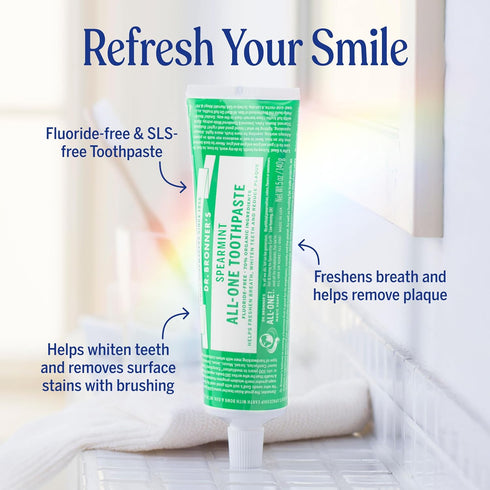 Pack 3 5 oz 70% Dr. Bronners All-One Toothpaste of Spearmint, Fluoride-Free Toothpaste for Adults, SLS-Free, Organic