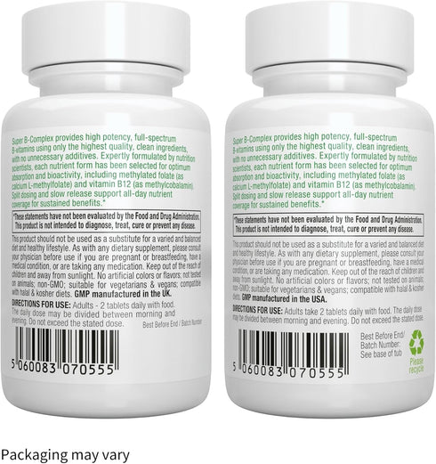 Super B-Complex – Methylated Sustained Release B Complex, 60 Small Tablets, Vegan, Lab Verified