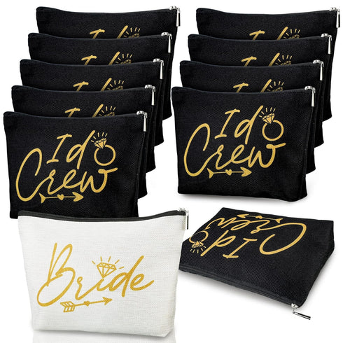 11 Pieces Bridal Shower Wedding Makeup Bags, Canvas Cosmetic Bags for Bachelorette Party, Bride I Do Crew Gifts (White,