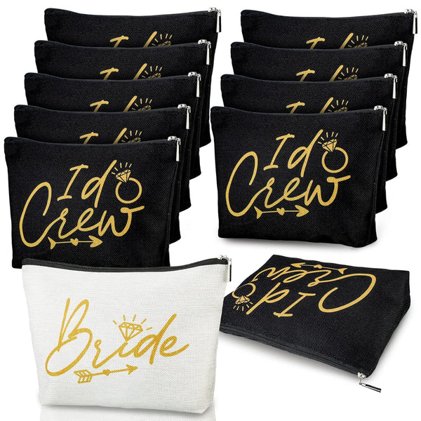 11 Pieces Bridal Shower Wedding Makeup Bags, Canvas Cosmetic Bags for Bachelorette Party, Bride I Do Crew Gifts (White,