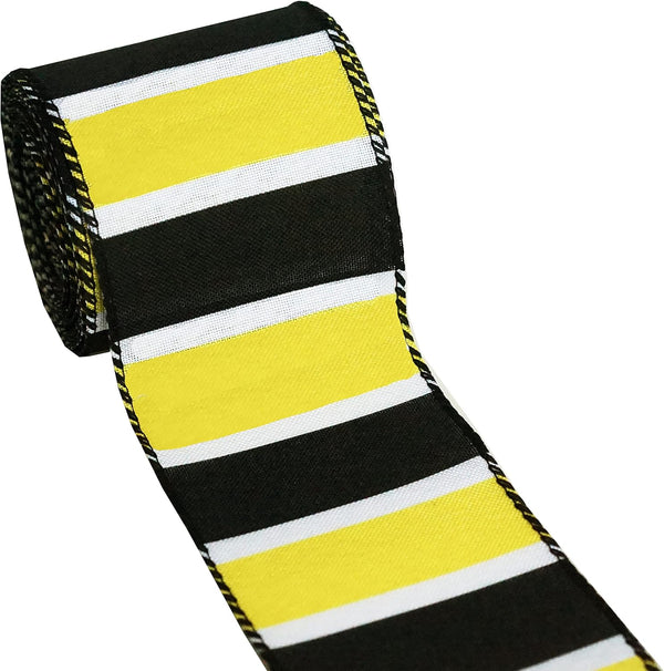 Wired Ribbon with Black, White and Yellow Stripes, Bee Design, 2.5” x 10yds, Spring and Summer Burlap