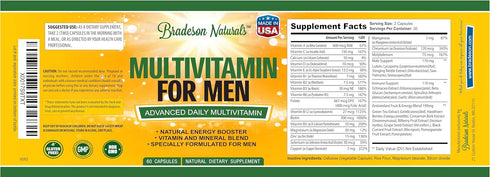 Men's Multivitamin Supplement for Energy, Focus, Performance, Vitamins A, C, D, E & B12, 60 Capsules Made in USA