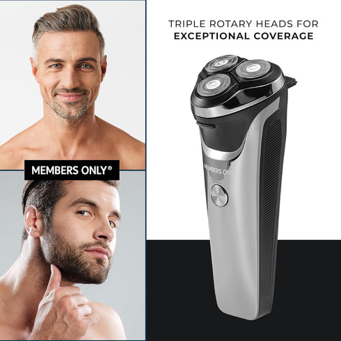 MEMBERS ONLY Electric Razor for Men, Lithium Metallic Cordless Rotary Shaver with 3 Heads, Precision Trimming, IPX6