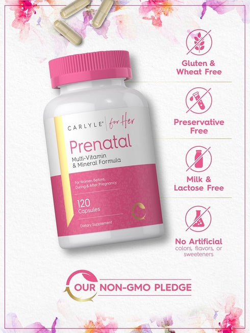 Carlyle Prenatal Vitamins for Women, 120 Capsules, Multivitamin & Mineral Formula with Folic Acid, Non-GMO & Gluten Free