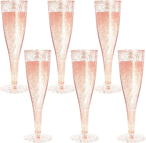 Disposable Champagne Flutes - 6PC Rose Gold Glitter Plastic Glasses for Parties, 6.5 OZ Capacity