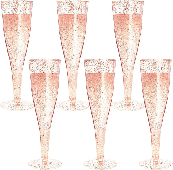 Disposable Champagne Flutes - 6PC Rose Gold Glitter Plastic Glasses for Parties, 6.5 OZ Capacity