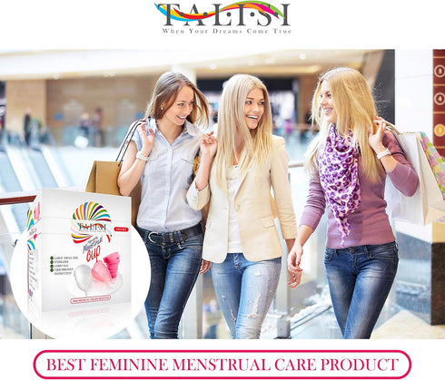 Talisi Menstrual Cups Set of 2, Soft Reusable Period Kit with Collapsible Cleaner Silicone Sterilizer (Small & Large)