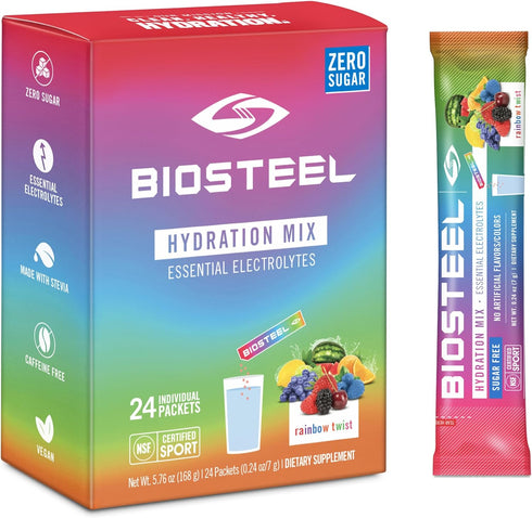 BioSteel Sports Hydration Mix, Sugar-Free with Essential Electrolytes, Rainbow Twist, 24 Single Serving Packets