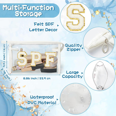 Preppy Patch SPF Clear Cosmetic Bag, SPF Varsity Letter Toiletry Bag Waterproof PVC Cosmetic Case Multi-Function Zippered Pouch Makeup Bag for Beach Pool, Pencil Case Pen Pouch(White)