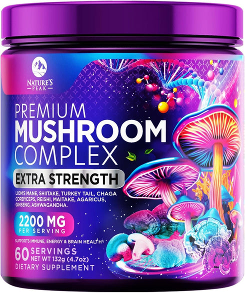 Mushroom Supplement Powder - 11 in 1 Complex Nootropic & Adaptogens Blend, Organic Mushrooms, 60 Servings