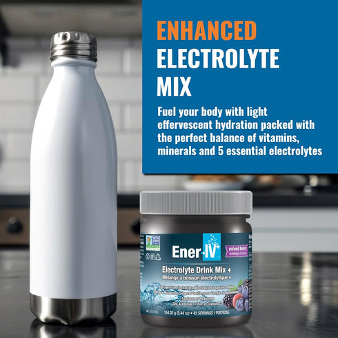 Ener-IV Electrolyte Hydration & Energy Drink Mix, Low Sugar Non-GMO, Mixed Berry Powder for Muscle Recovery - 45