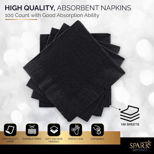 100 Pack Black Beverage Napkins, 2 Ply Big Party Pack for Wedding, Birthday, Dinner, Lunch, Cocktails (5” x 5”) by