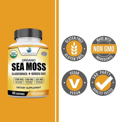 American Standard Supplements Organic Sea Moss, Bladderwrack & Burdock Root Capsules, 1200mg, 120 Capsules