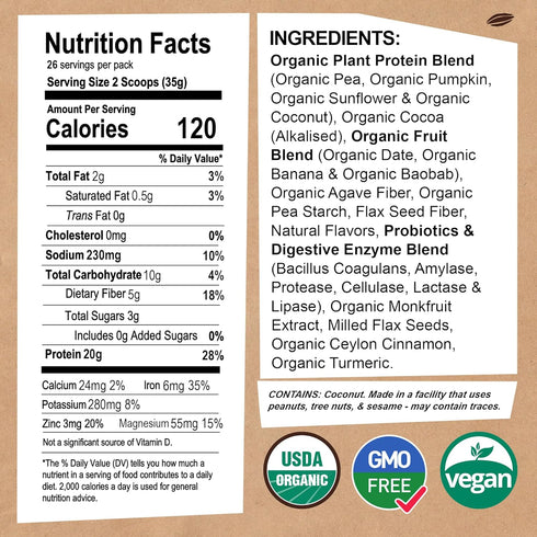 EarthChimp Organic Vegan Protein Powder, Non-GMO, Dairy-Free, Plant-Based with Probiotics, 26 Servings, 32 Oz