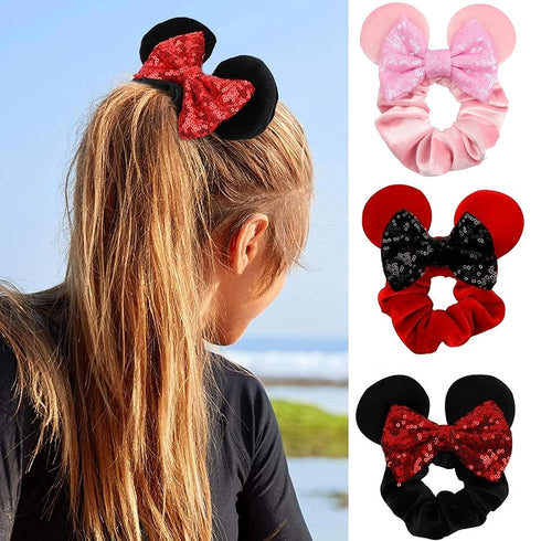 JOYFISCO 3 Pack Mouse Ears Scrunchies, Velvet Hair Scrunchies with Sequin Bows for Women Girls Hair Accessories