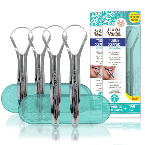 GuruNanda Tongue Scraper for Adults (4-Pack) with Travel Case, 420 Medical Grade Stainless Steel for Fresh Breath