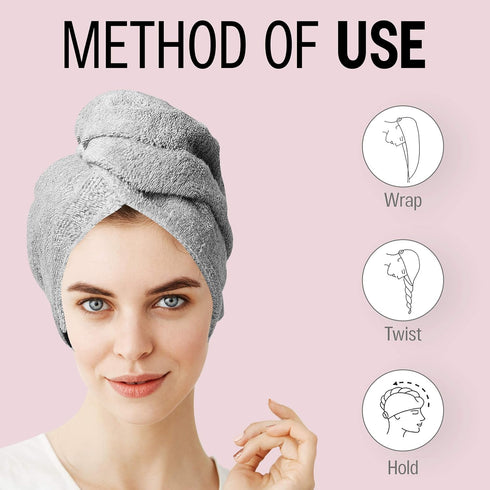 KEEPOZ Hair Towel Wrap, Quick Dry 100% Cotton Super Absorbent Turban Head Wrap for Women, Grey, 1 Pc