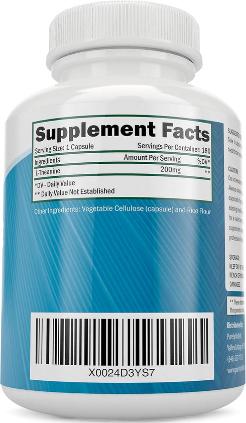Purely Holistic L-Theanine 200mg Double-Strength, 180 Vegan Capsules, Non GMO & Gluten Free, 6 Month Supply