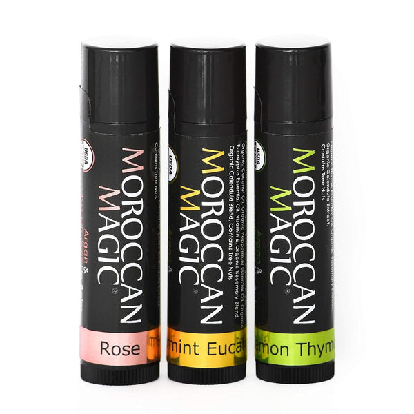 Moroccan Magic Organic Lip Balm Variety 3 Pack, Rose, Peppermint Eucalyptus, Lemon Thyme, Ultra Hydrating, Non-Toxic