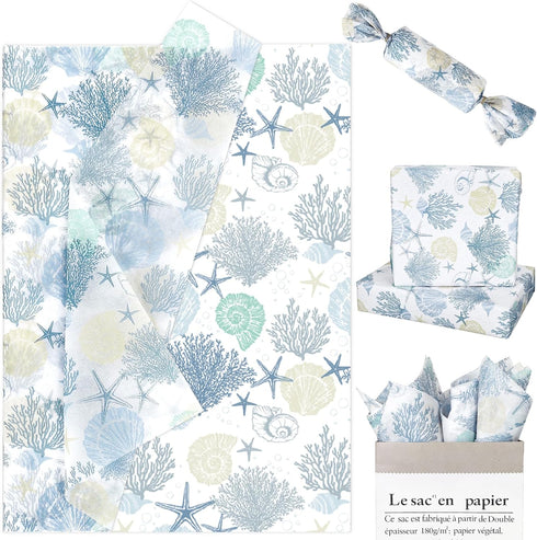 Whaline 100 Sheets Ocean Tissue Paper, Sea Shell Starfish Gift Wrapping Paper for Summer Wedding and Baby Shower