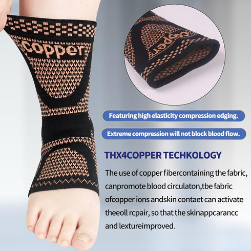 Copper Ankle Joint Brace, Compression Sleeve for Achilles Tendon and Plantar Fasciitis Pain Relief, Black, Large
